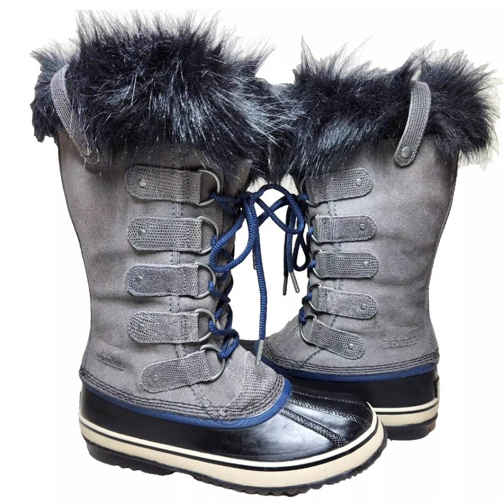 SOREL Joan Of Arctic Waterproof Boots Sz 8.5 Grey Snakeskin Blue Black Faux Fur